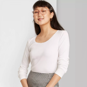 Women's Long Sleeve Round Neck Lace Trim T-Shirt